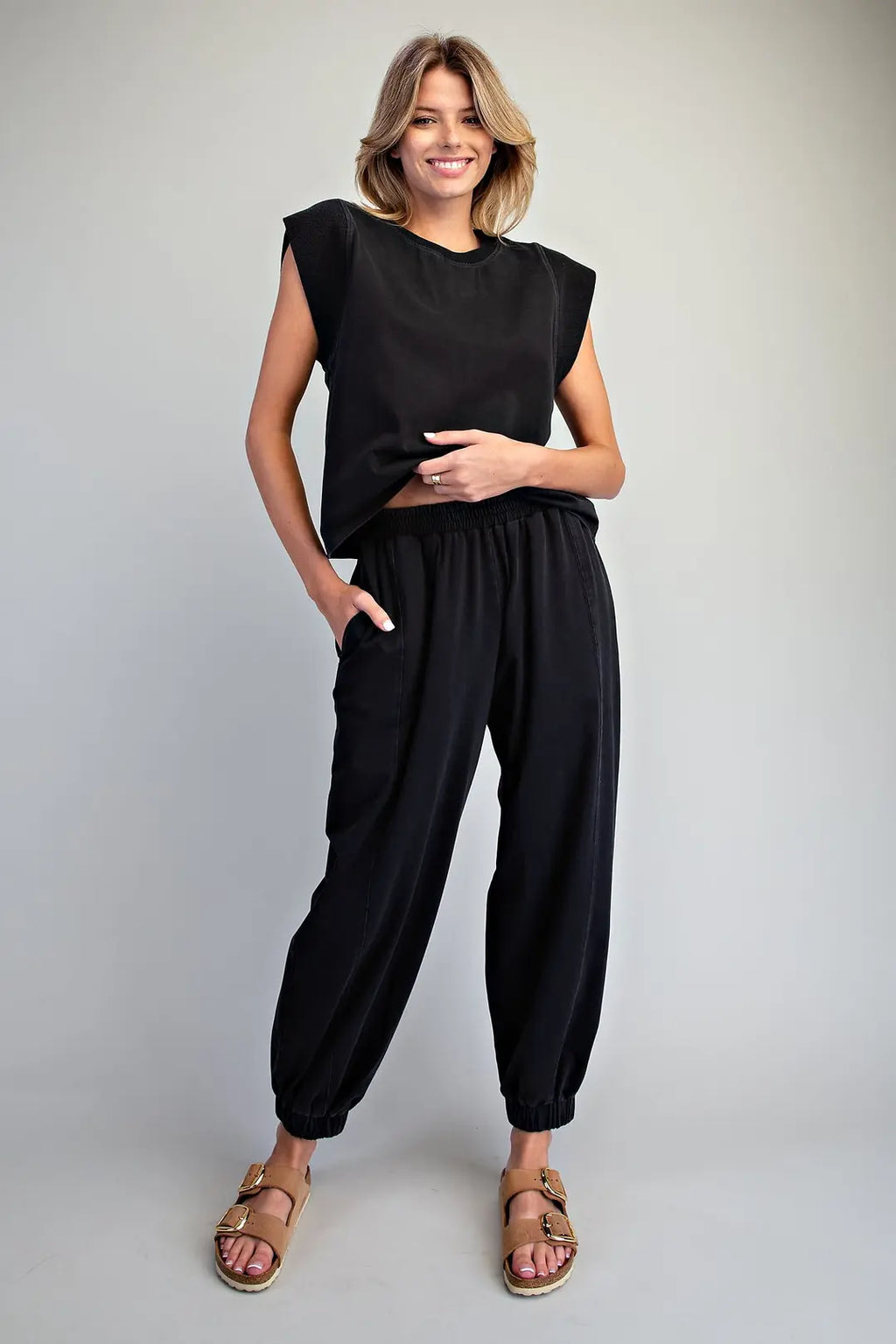 SOLID ELASTIC WAIST JOGGERS--ASH BLACK