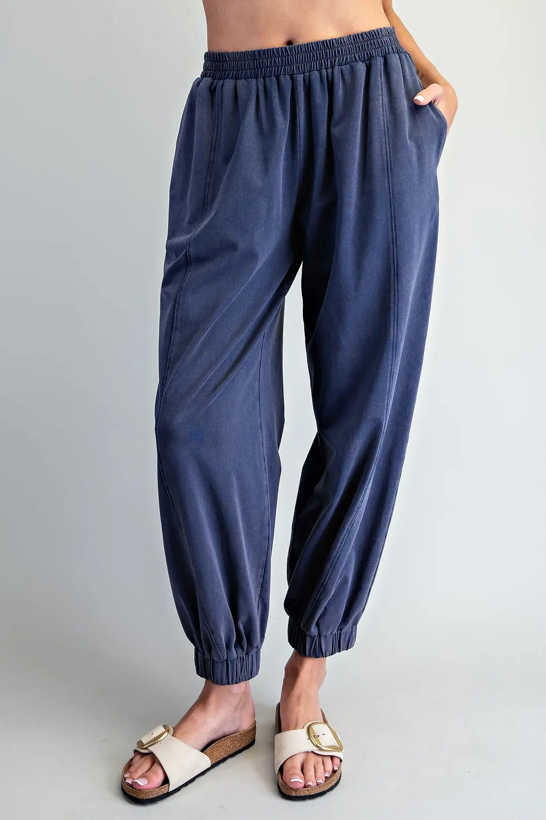 SOLID ELASTIC WAIST JOGGERS--INDIGO