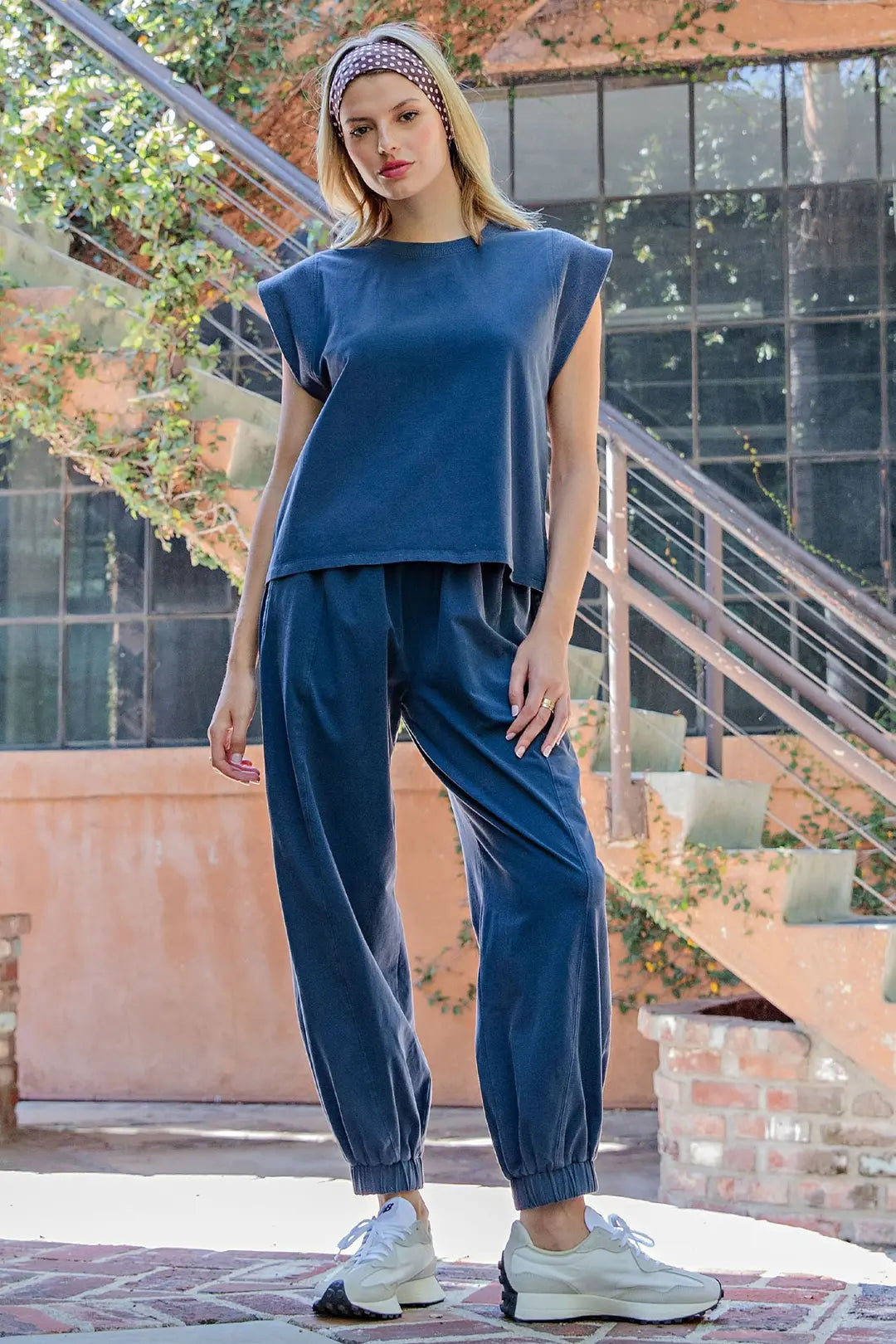 RIBBED TRIM CAP SLEEVE TOP--INDIGO