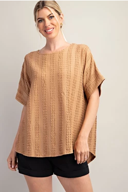 TEXTURED SHORT SLEEVE TOP--TAUPE