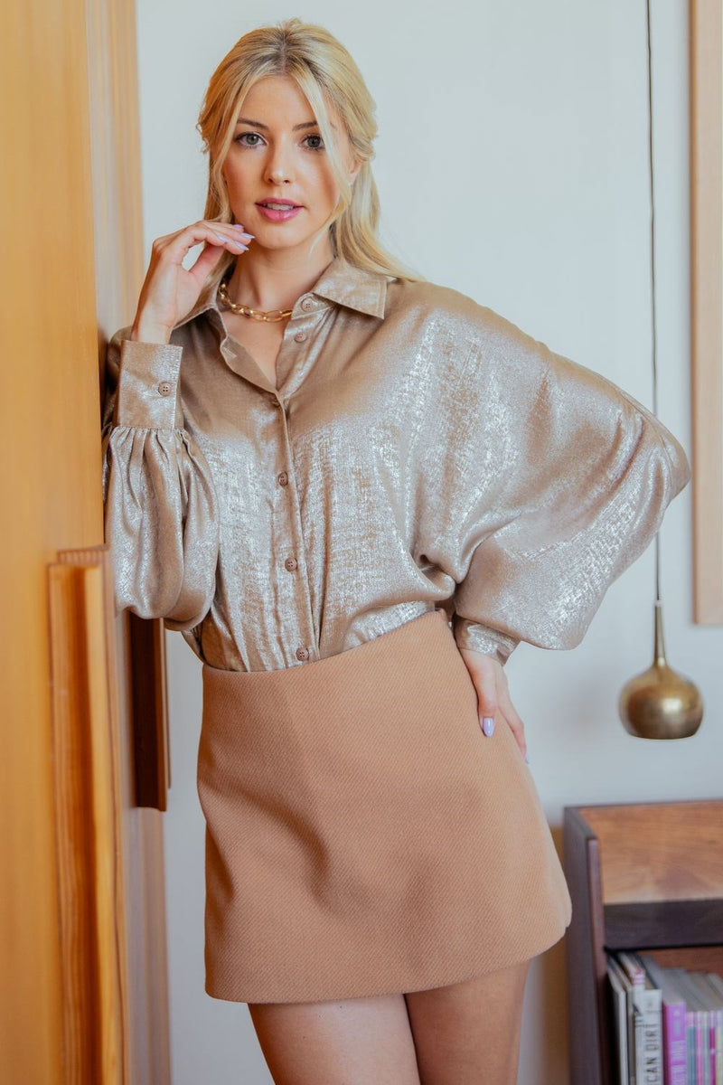 GLAMOROUS LIFE SHIMMER TOP--TAUPE