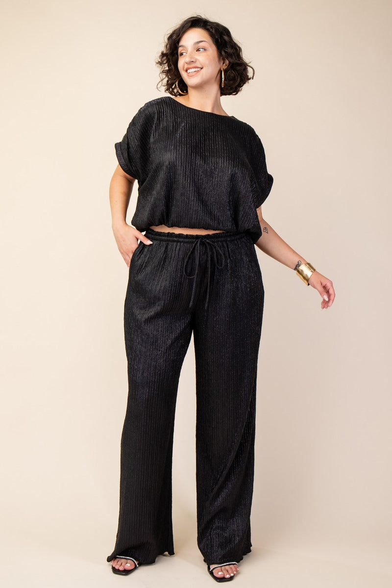 CURVY GLAMOROUS LIFE FLOWY SHIMMER PANTS--BLACK