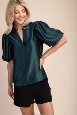 SHINE ON MY GIRL PUFF SLEEVE TOP--HUNTER GREEN