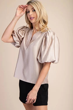 SHINE ON MY GIRL PUFF SLEEVE TOP--TAUPE