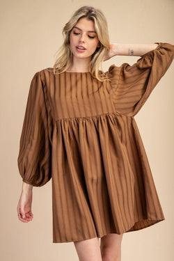 WALK WITH ME BABYDOLL STRIPE DRESS--BROWN