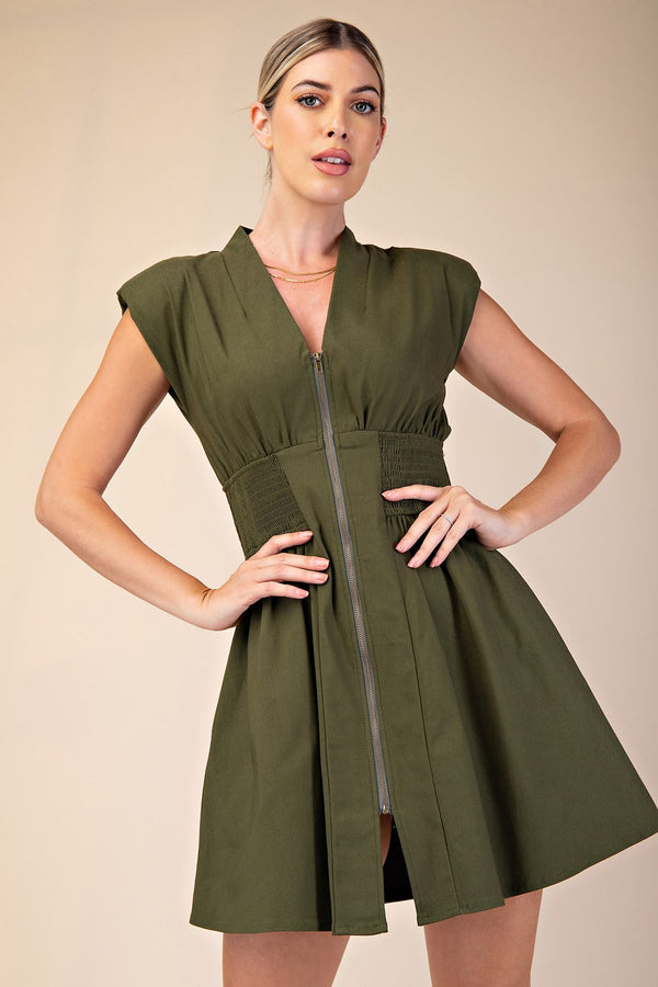 SLEEK CHIC SLEEVELESS SMOCK WAIST DRESS--OLIVE