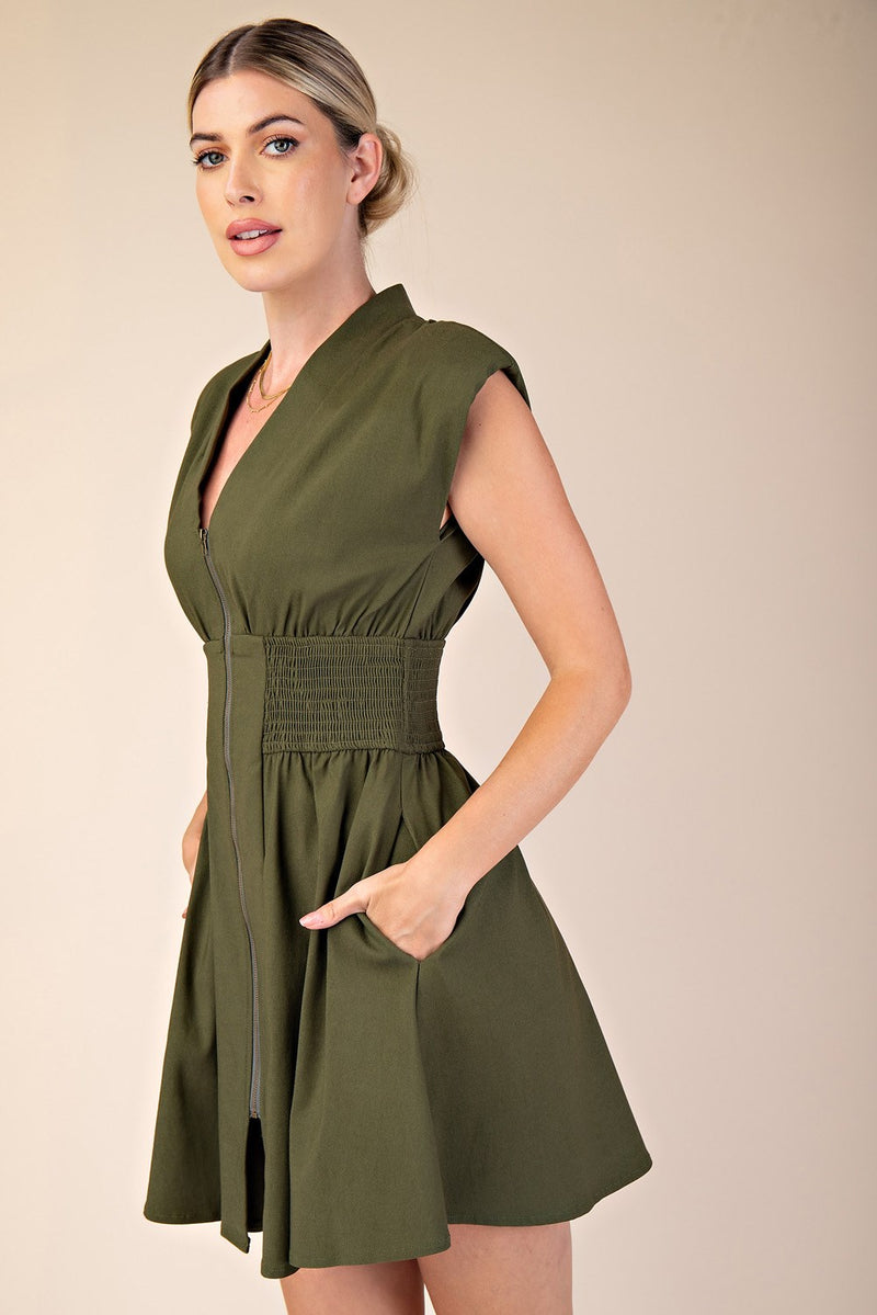 SLEEK CHIC SLEEVELESS SMOCK WAIST DRESS--OLIVE