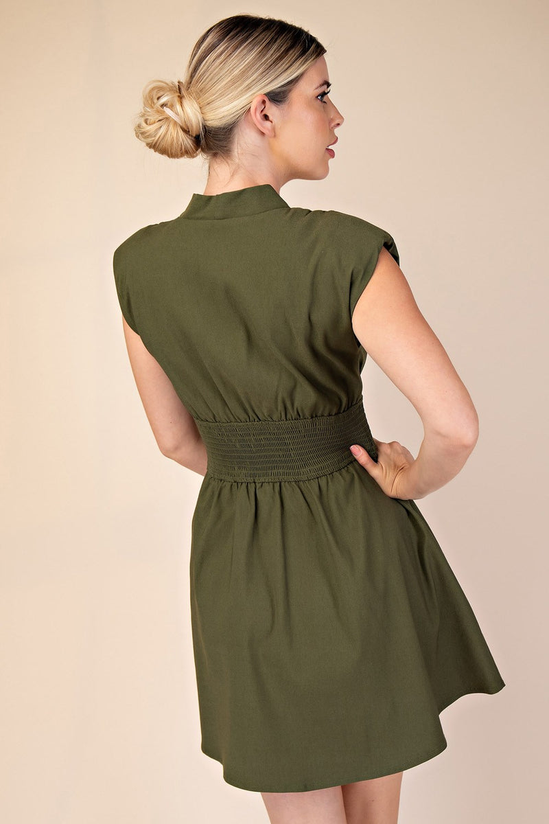 SLEEK CHIC SLEEVELESS SMOCK WAIST DRESS--OLIVE