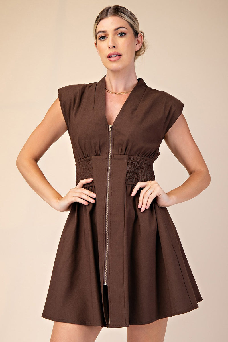 SLEEK CHIC SLEEVELESS SMOCK WAIST DRESS--BROWN