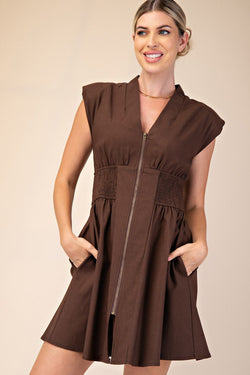 SLEEK CHIC SLEEVELESS SMOCK WAIST DRESS--BROWN