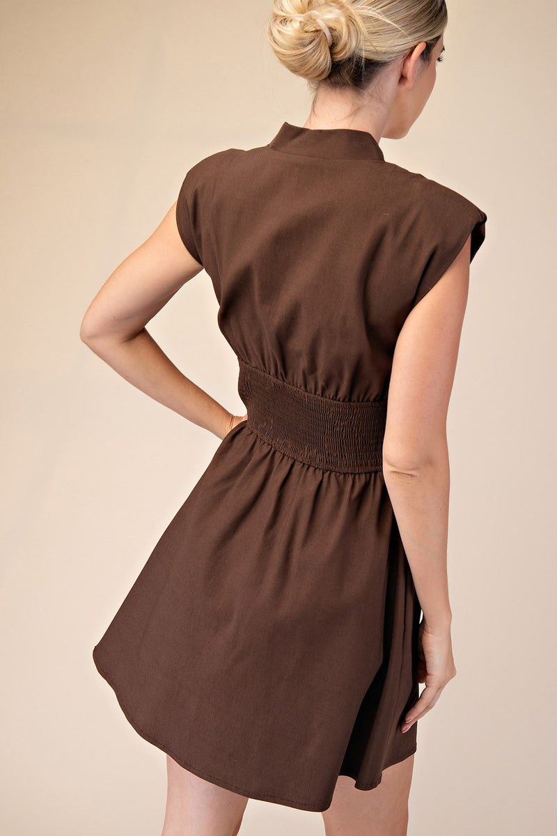 SLEEK CHIC SLEEVELESS SMOCK WAIST DRESS--BROWN