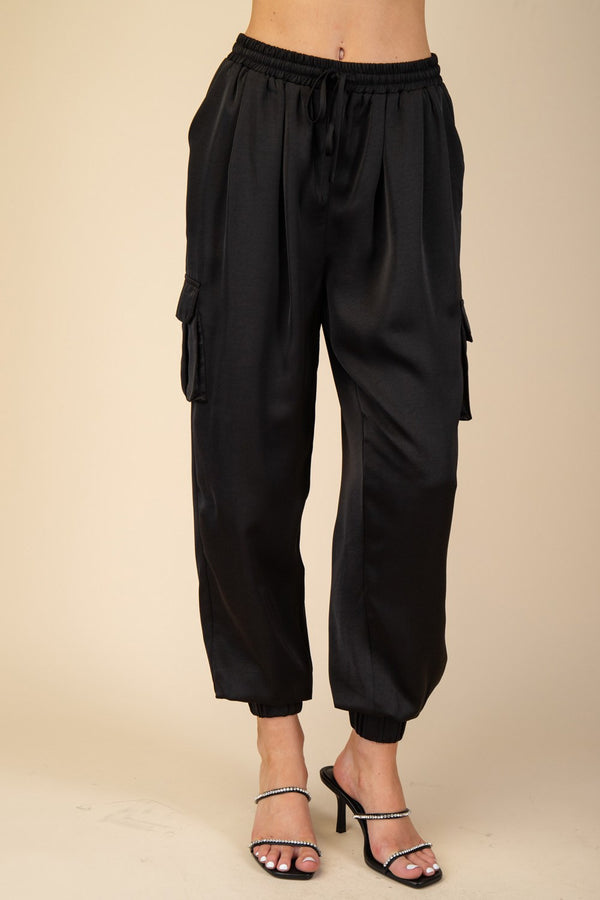 WALK THIS WAY SATIN JOGGER PANTS--BLACK