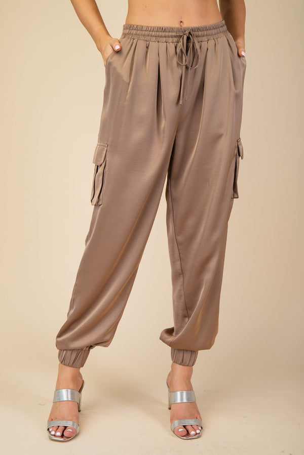 WALK THIS WAY SATIN JOGGER PANTS--MOCHA