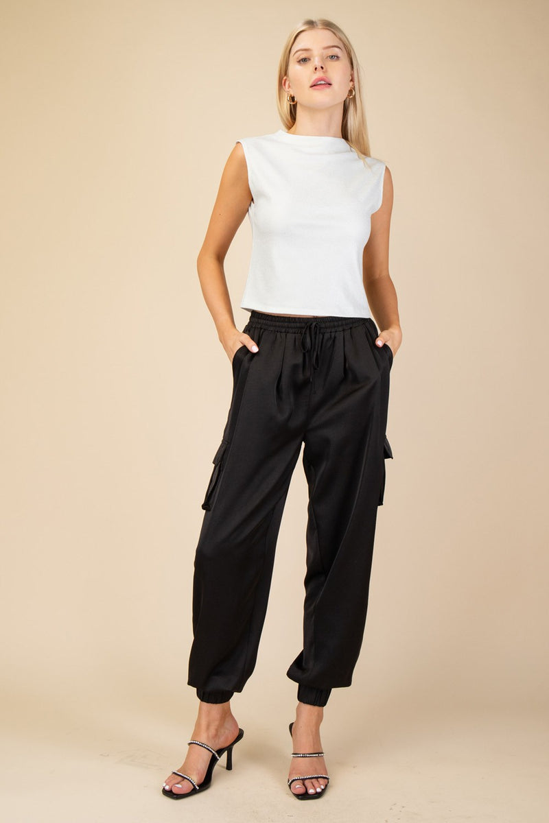 WALK THIS WAY SATIN JOGGER PANTS--BLACK