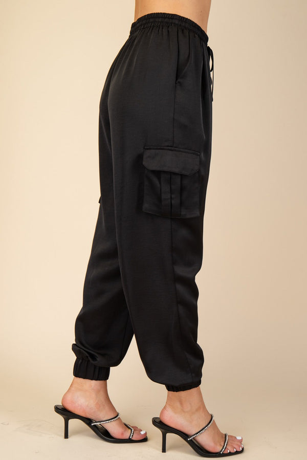 WALK THIS WAY SATIN JOGGER PANTS--BLACK