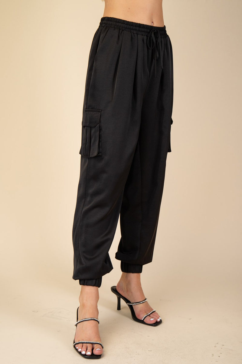 WALK THIS WAY SATIN JOGGER PANTS--BLACK