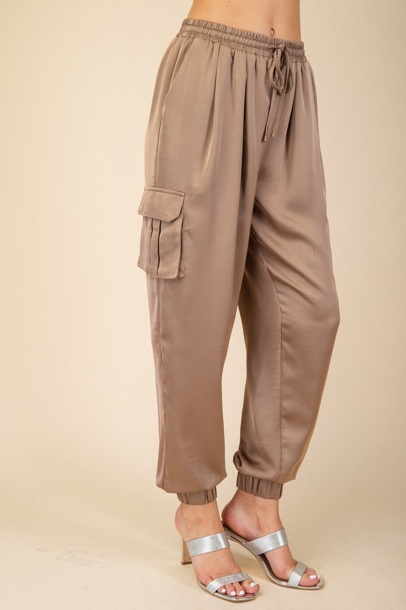 WALK THIS WAY SATIN JOGGER PANTS--MOCHA