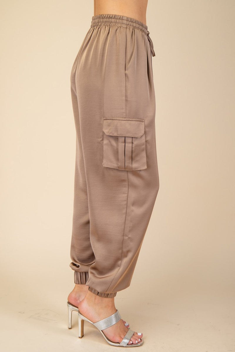 WALK THIS WAY SATIN JOGGER PANTS--MOCHA