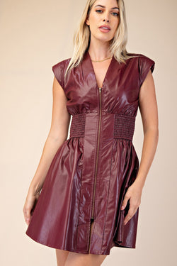 SLEEK CHIC SLEEVLESS FAUX LEATHER DRESS--BURGUNDY