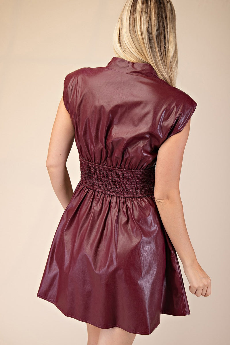 SLEEK CHIC SLEEVLESS FAUX LEATHER DRESS--BURGUNDY