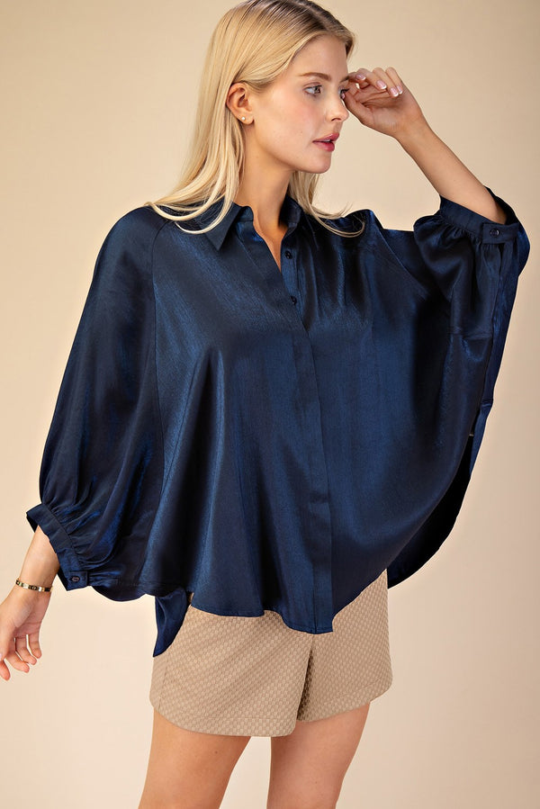 HERE FOR YOU 3/4 DOLMAN SLEEVE SHIMMER TOP--NAVY