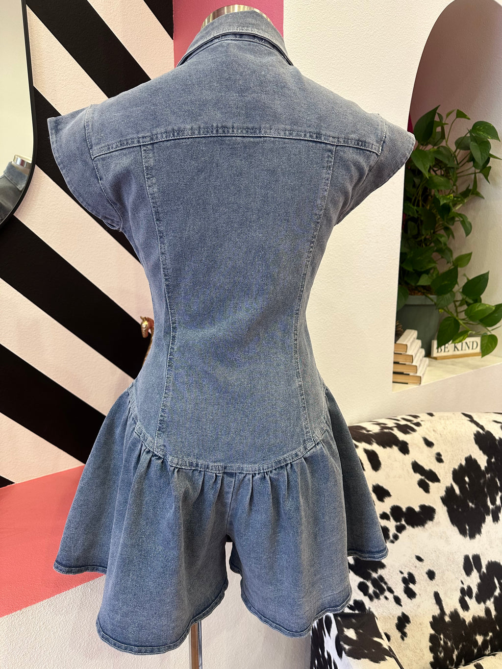 DENIM SNAP FRONT SKIRT STYLE ROMPER
