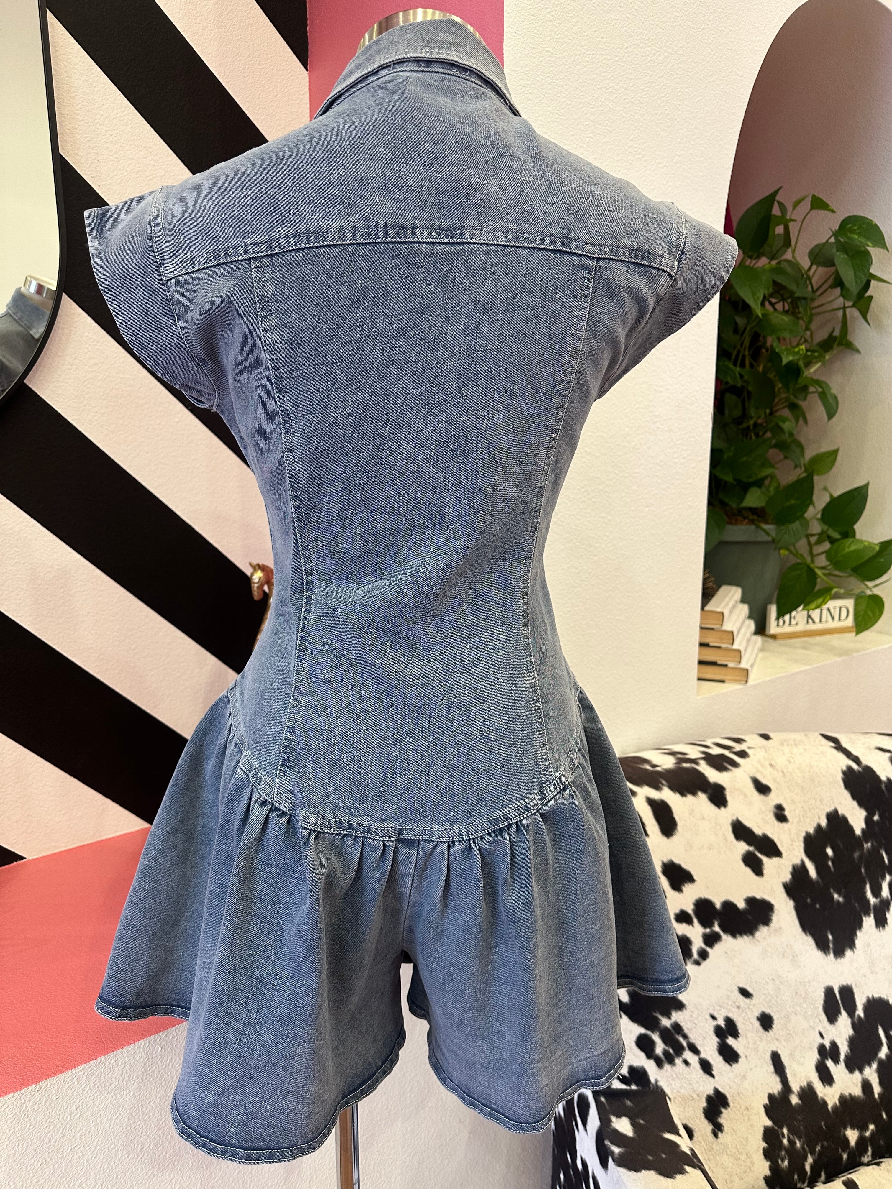 DENIM SNAP FRONT SKIRT STYLE ROMPER