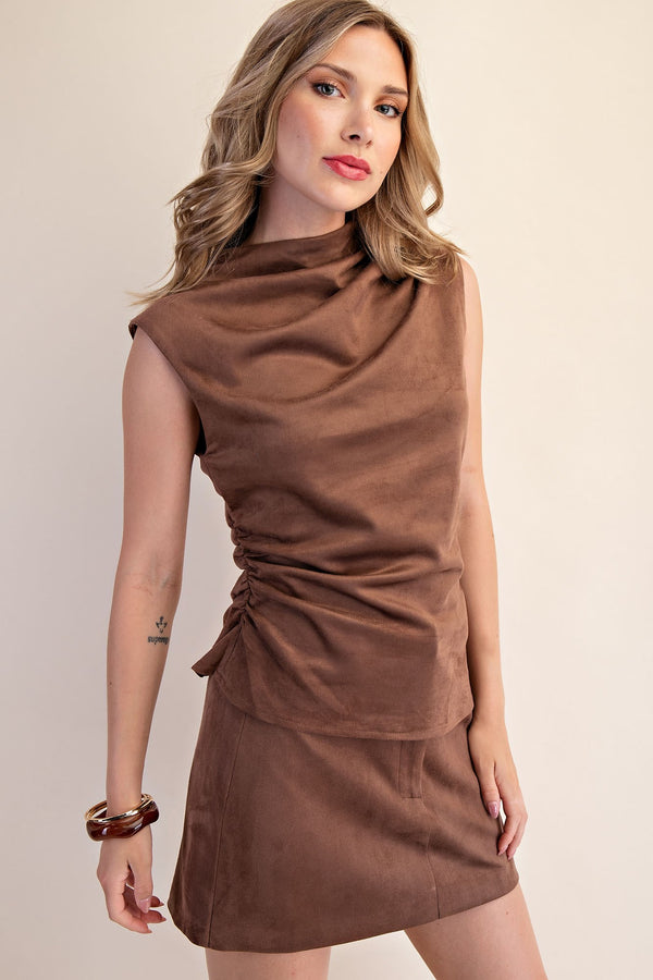 MOCK NECK SLEEVELESS ASYMMETRICAL SUEDE TOP--CHOCOLATE