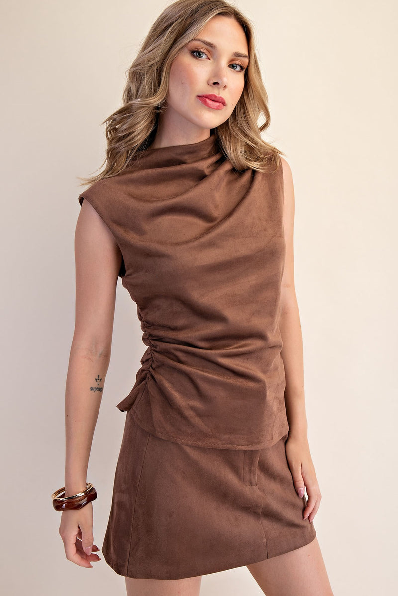 MOCK NECK SLEEVELESS ASYMMETRICAL SUEDE TOP--CHOCOLATE