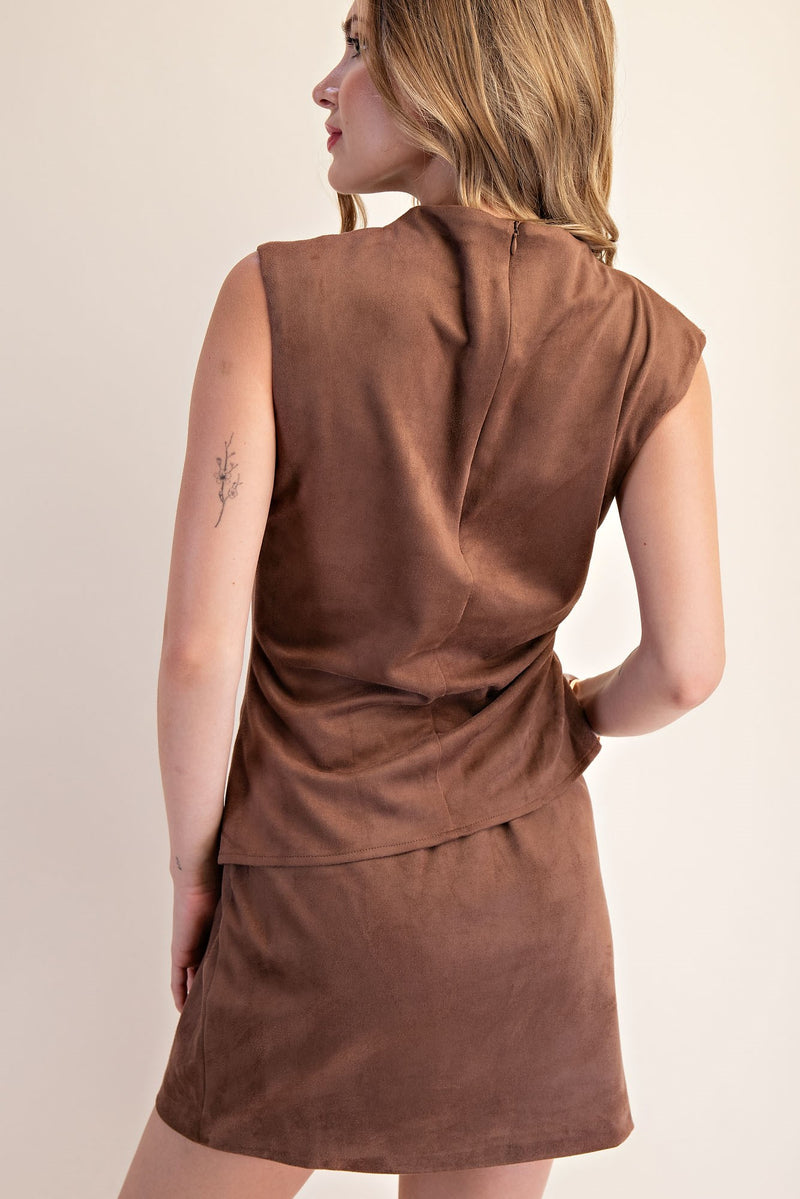 MOCK NECK SLEEVELESS ASYMMETRICAL SUEDE TOP--CHOCOLATE