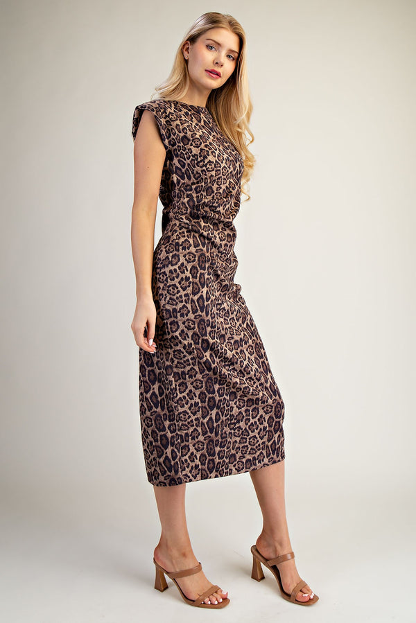 SLEEVELESS LEOPARD MIDI DRESS--TAUPE