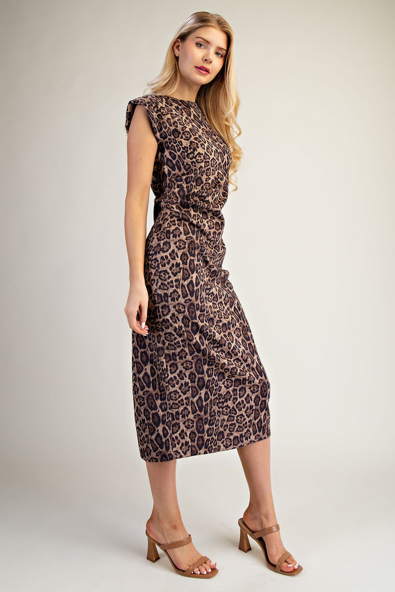SLEEVELESS LEOPARD MIDI DRESS--TAUPE