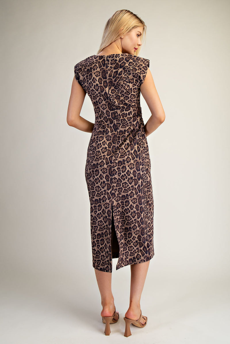 SLEEVELESS LEOPARD MIDI DRESS--TAUPE
