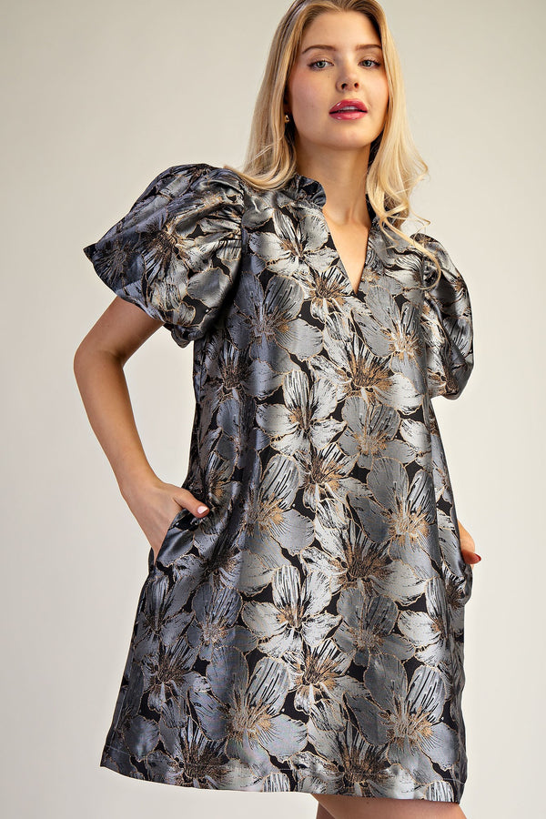 PUFF SLEEVE FLORAL DRESS--BLACK/SILVER
