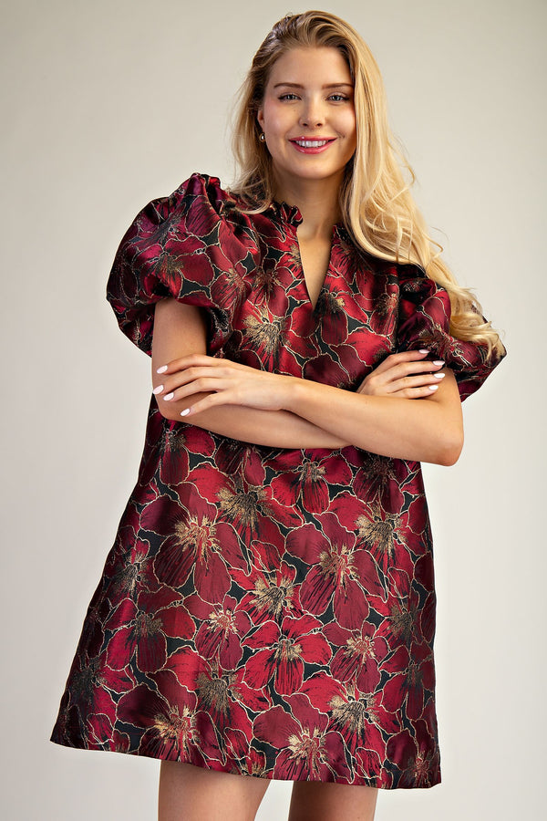 PUFF SLEEVE FLORAL DRESS--BURGUNDY/BLACK