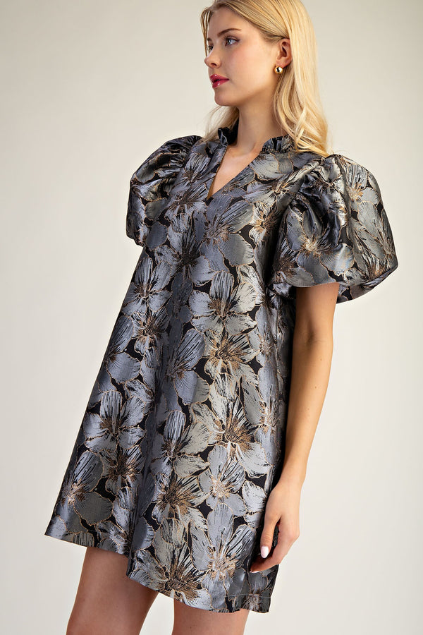 PUFF SLEEVE FLORAL DRESS--BLACK/SILVER