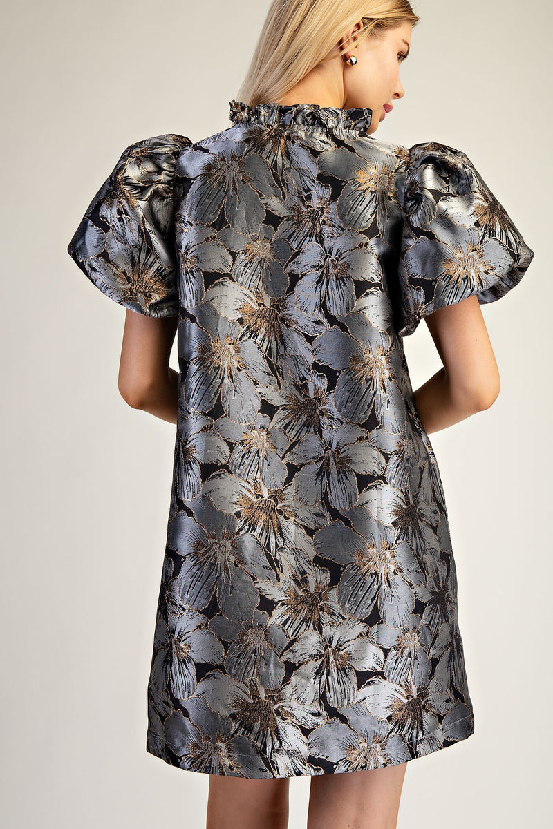 PUFF SLEEVE FLORAL DRESS--BLACK/SILVER