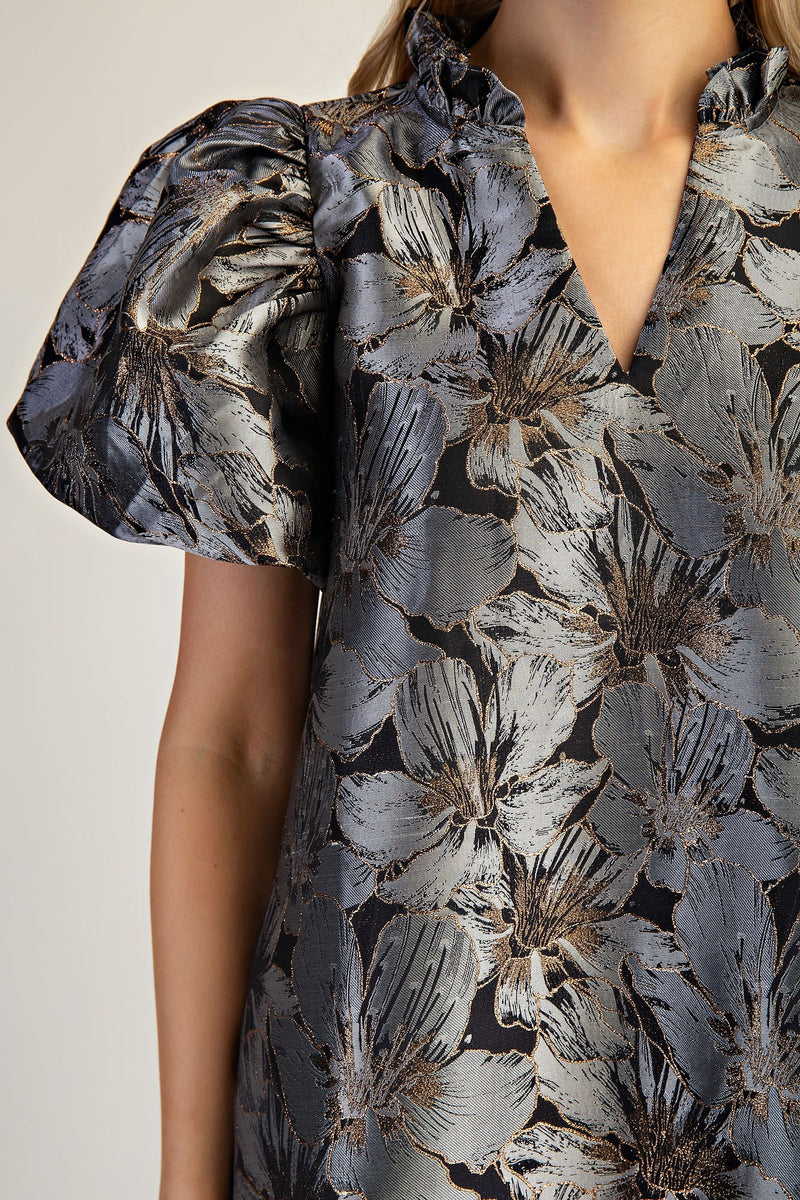 PUFF SLEEVE FLORAL DRESS--BLACK/SILVER