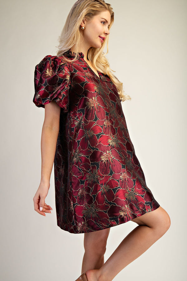PUFF SLEEVE FLORAL DRESS--BURGUNDY/BLACK