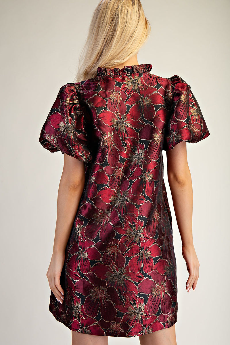 PUFF SLEEVE FLORAL DRESS--BURGUNDY/BLACK