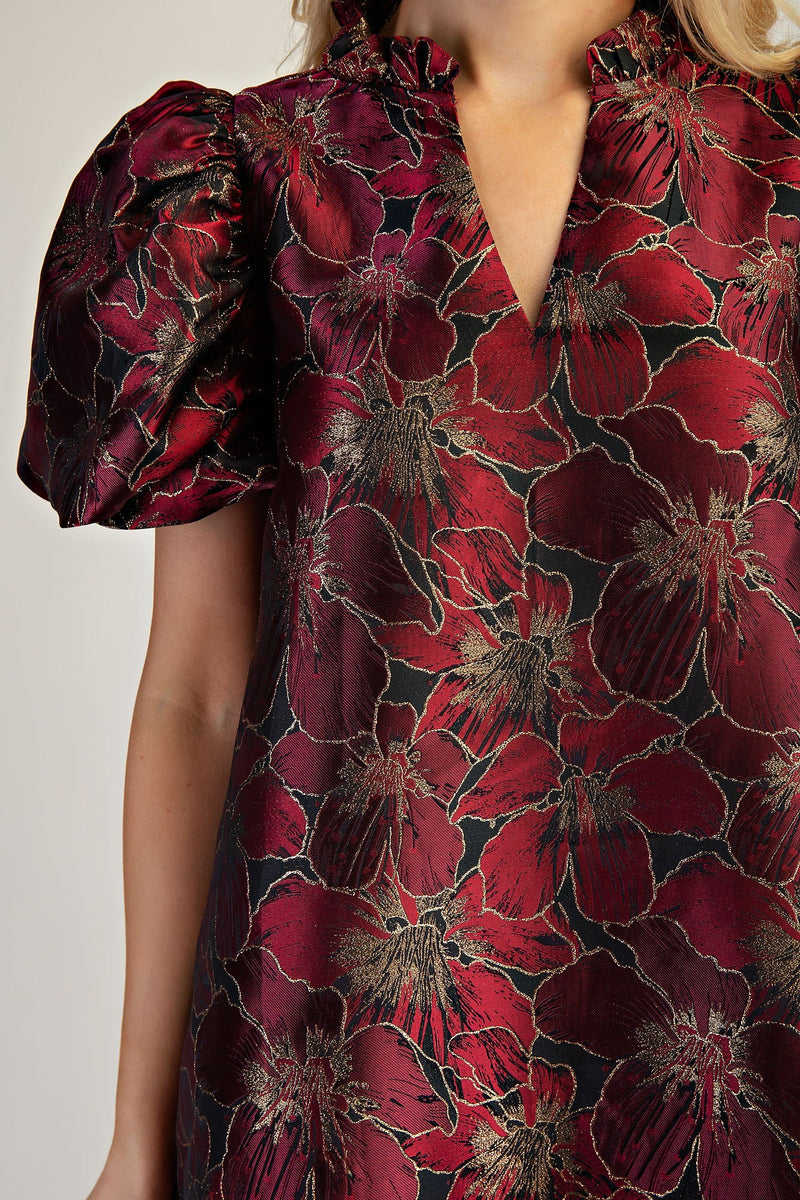 PUFF SLEEVE FLORAL DRESS--BURGUNDY/BLACK