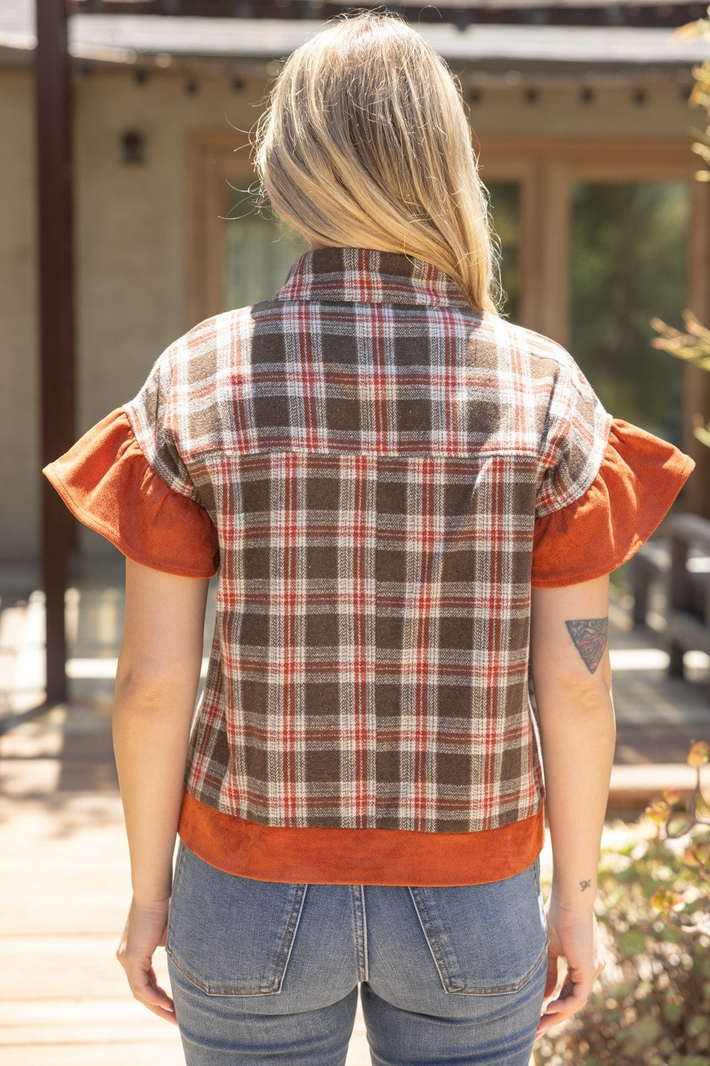 SUEDE CONTRAST PLAID TOP--RUST MIX