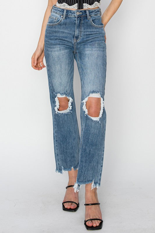 RISEN HIGH RISE CROP DISTRESSED JEANS