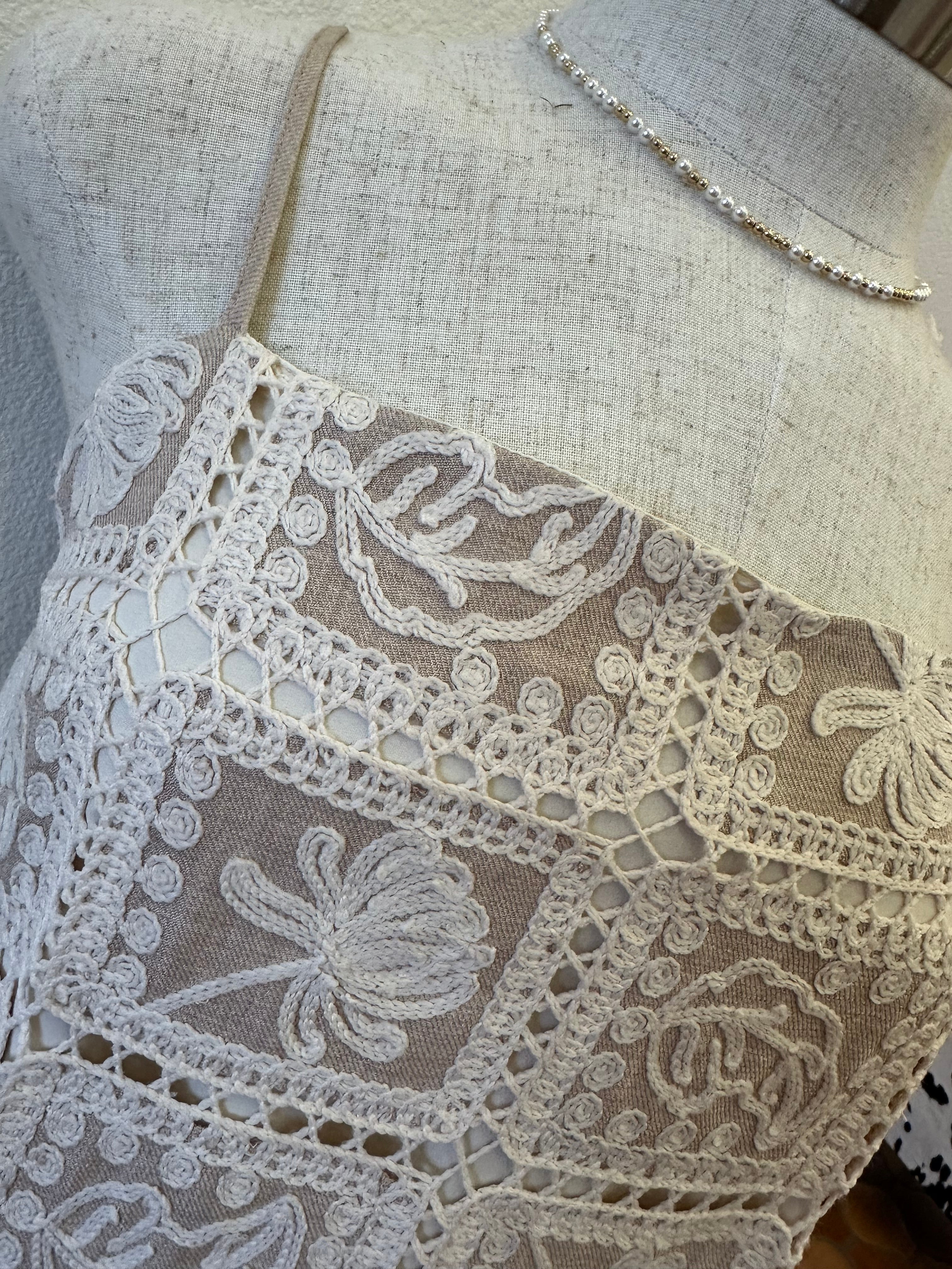 CONTRAST CROCHET MINI DRESS--TAN/CREAM