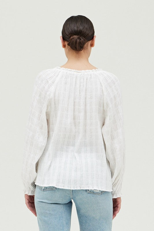 TEXTURED FABRIC LONG SLEEVE TOP--WHITE