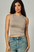 SEAMLESS HIGH CREWNECK TANK--TAUPE