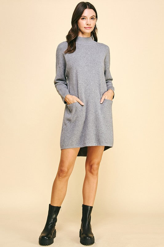 ON THE GO MOCK NECK SWEATER DRESS--GREY