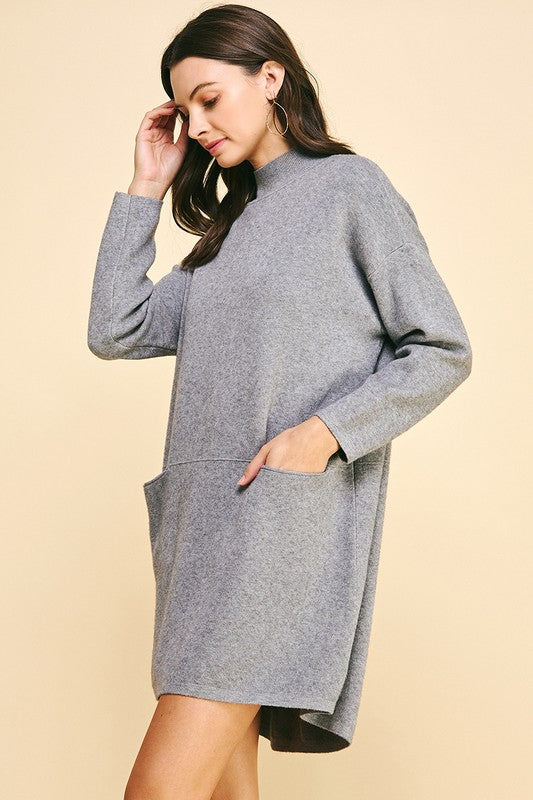 ON THE GO MOCK NECK SWEATER DRESS--GREY