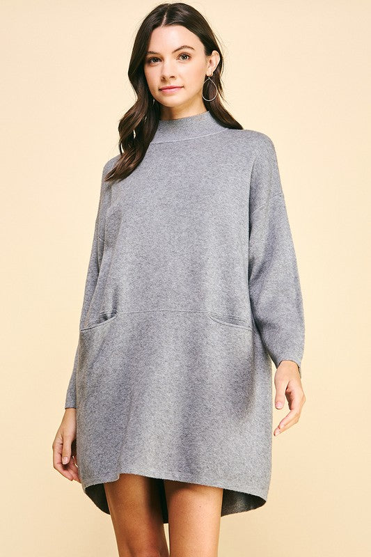 ON THE GO MOCK NECK SWEATER DRESS--GREY