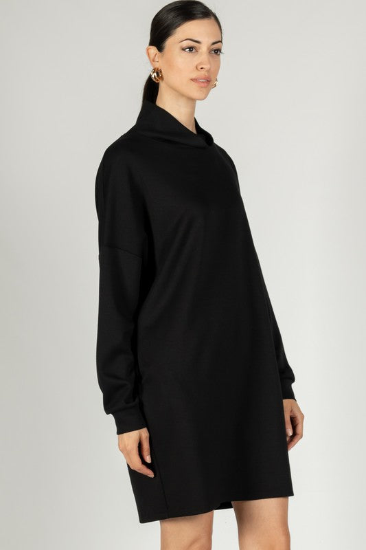 SCUBA MODAL COWL NECK DRESS--BLACK
